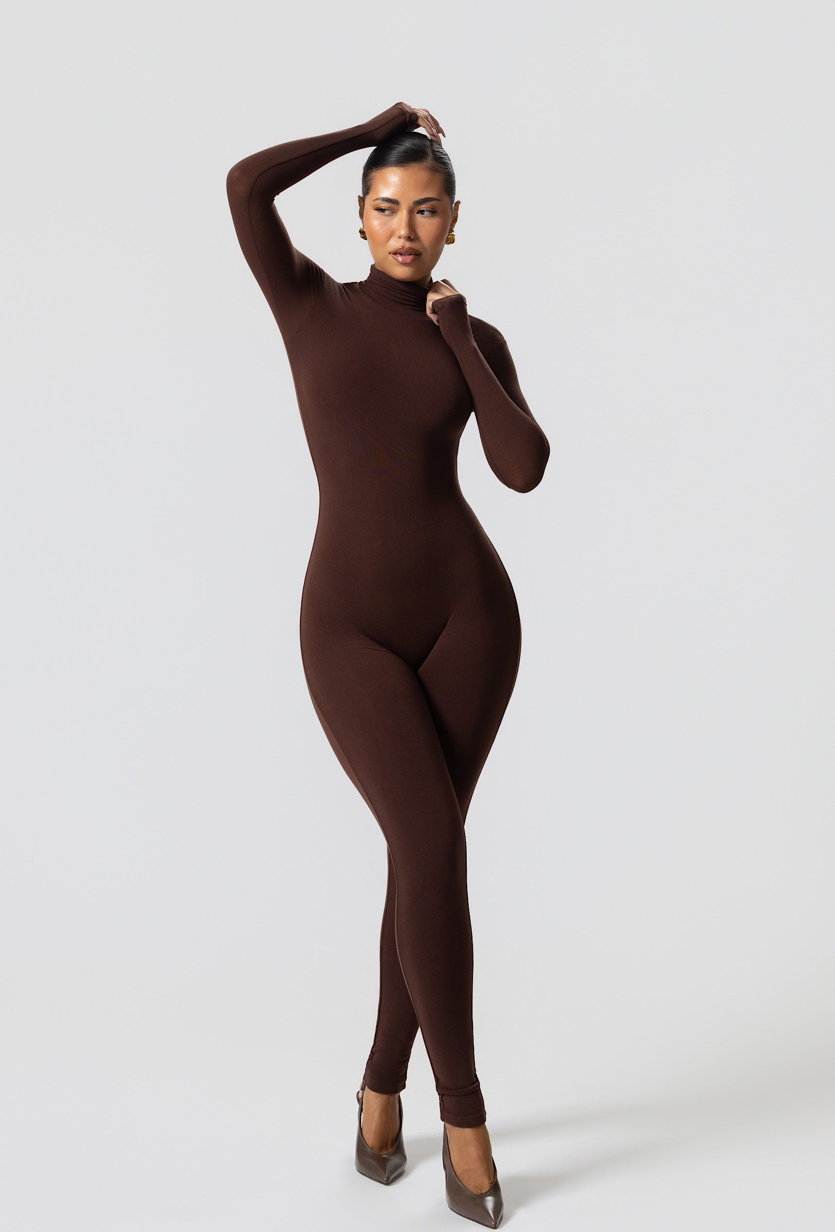 Matte Basix Sculpt Turtle Neck Jumpsuit - Chocolate