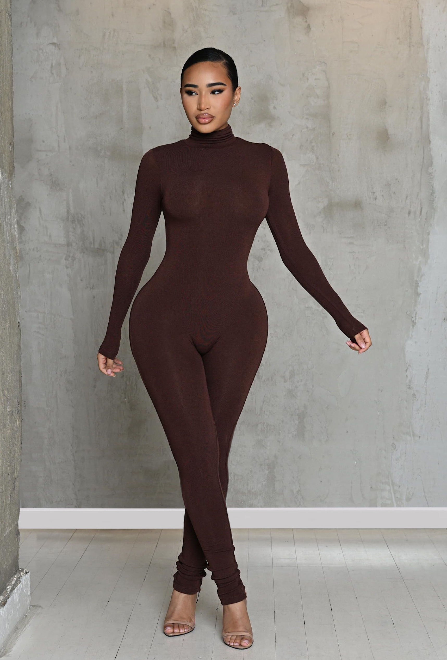 Matte Basix Sculpt Turtle Neck Jumpsuit - Chocolate