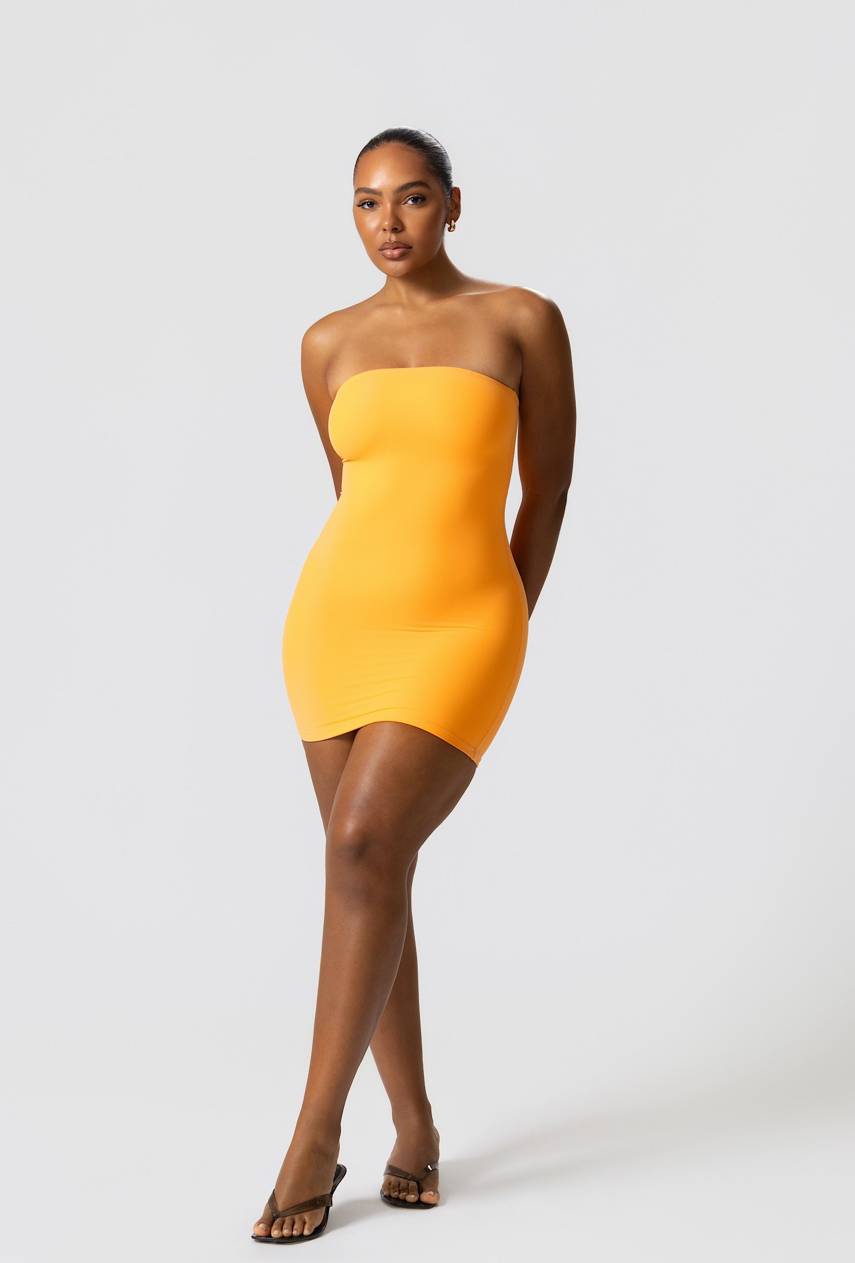 yellow strapless bodycon dress Sculpting Tube Mini Dress- Bellini XS making it perfect for 200-300 Color:Pic Pink Beige by eci |