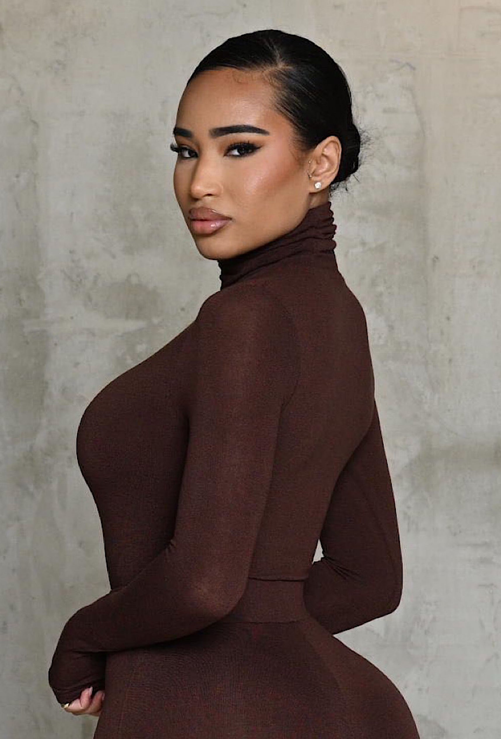 Matte Basix Sculpt Turtle Neck Bodysuit - Chocolate