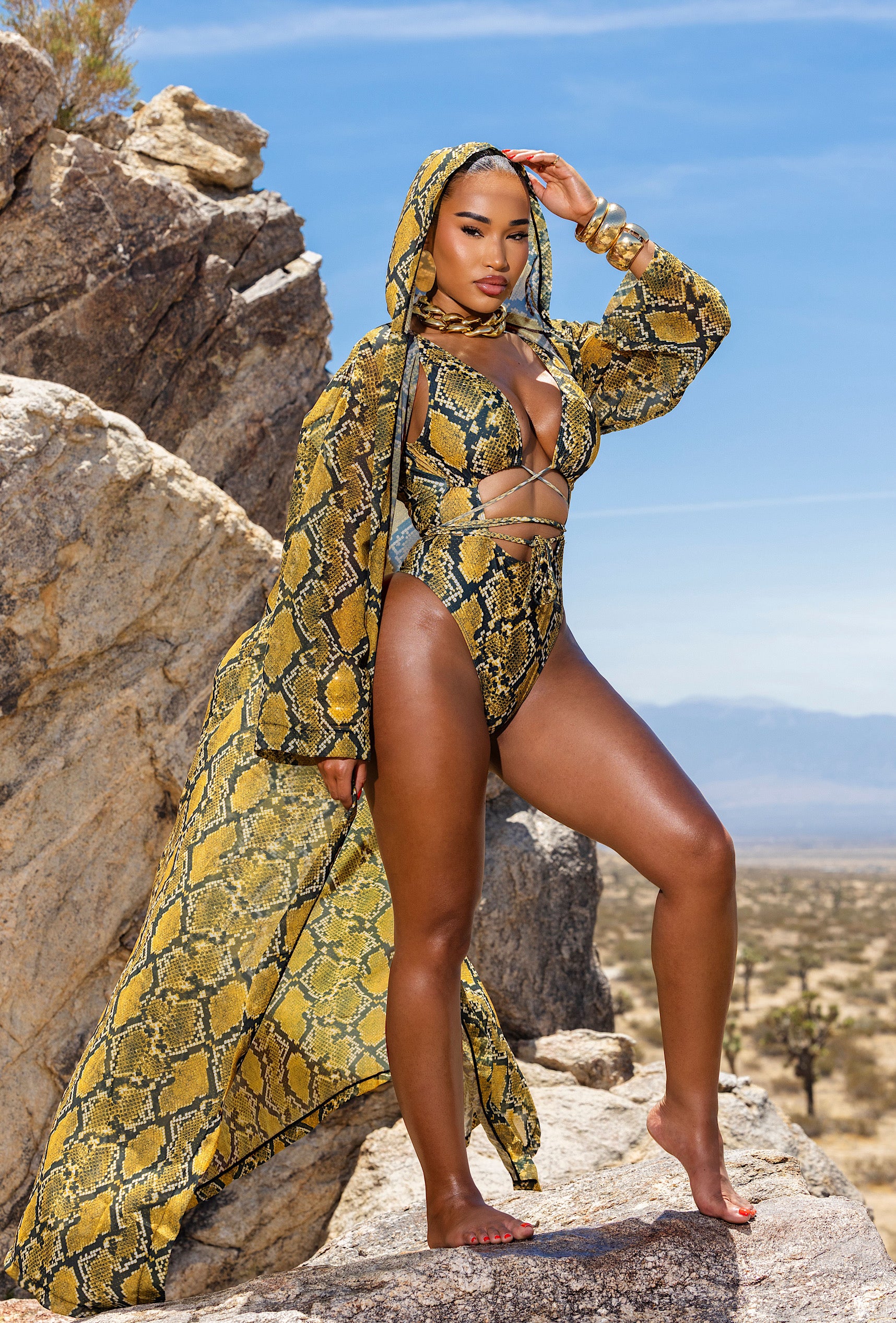 Gaia Hooded Cover Up - Yellow Python