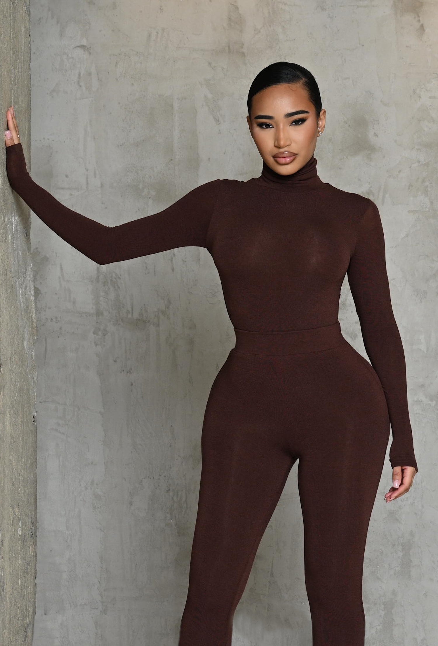 Matte Basix Sculpt Turtle Neck Bodysuit - Chocolate