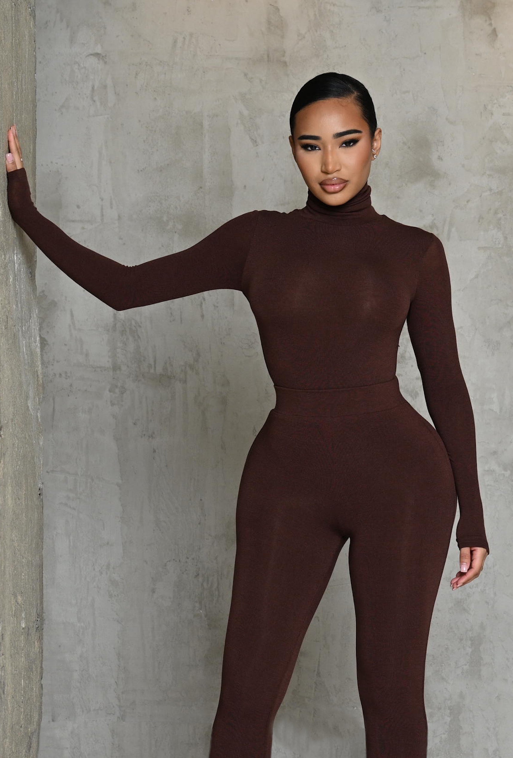 Matte Basix Sculpt Turtle Neck Bodysuit - Chocolate