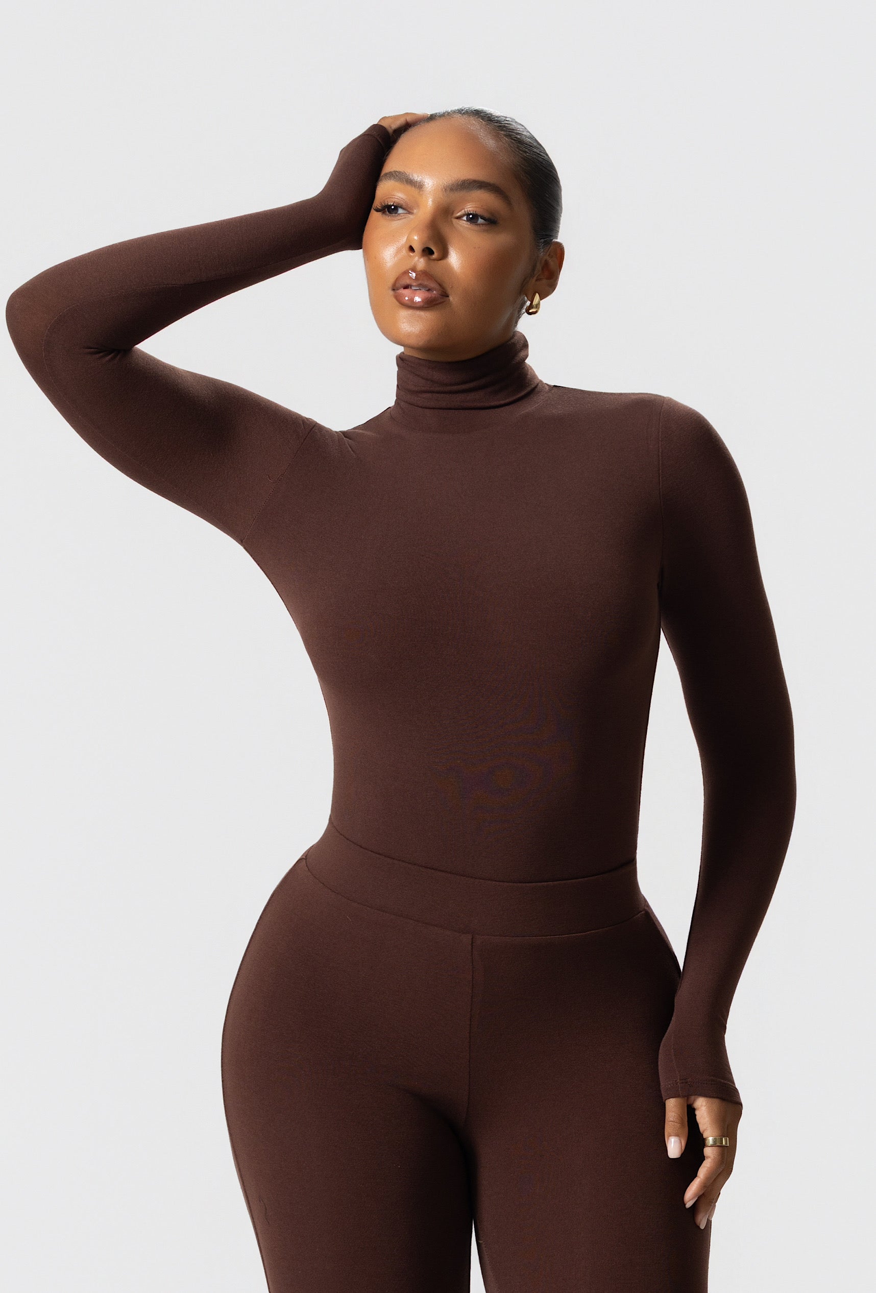 Matte Basix Sculpt Turtle Neck Bodysuit - Chocolate