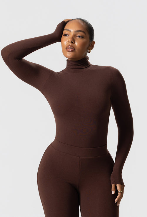 Matte Basix Sculpt Turtle Neck Bodysuit - Chocolate