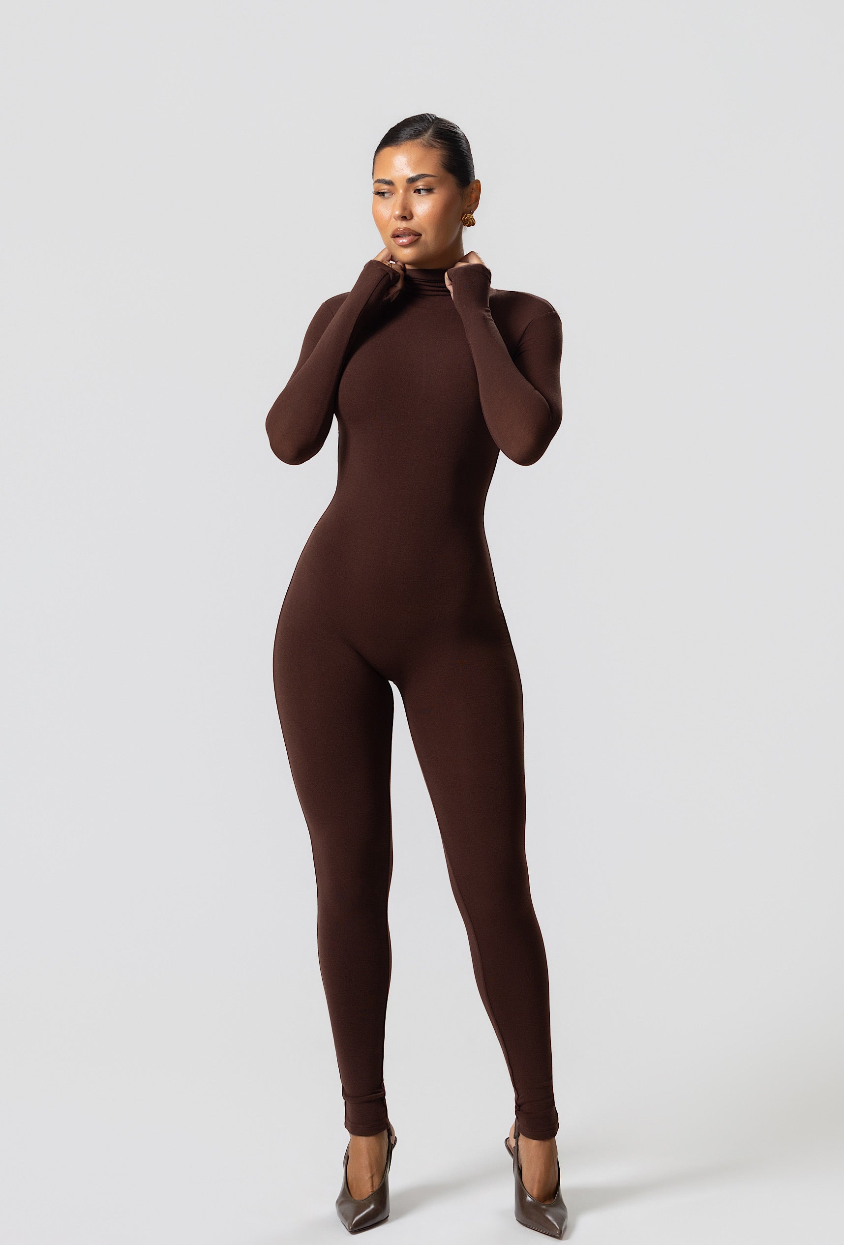 Matte Basix Sculpt Turtle Neck Jumpsuit - Chocolate