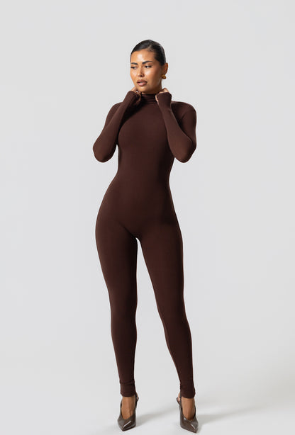 Matte Basix Sculpt Turtle Neck Jumpsuit - Chocolate