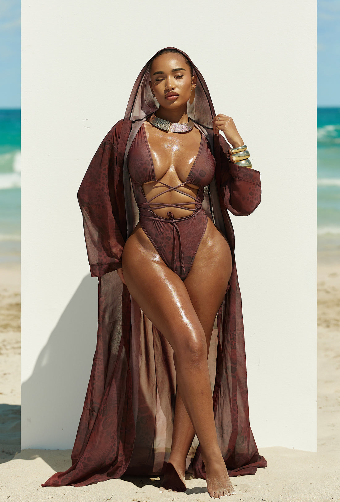 Gaia Hooded Cover Up - Wine Snake