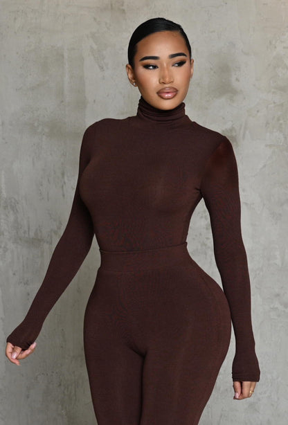 Matte Basix Sculpt Turtle Neck Bodysuit - Chocolate