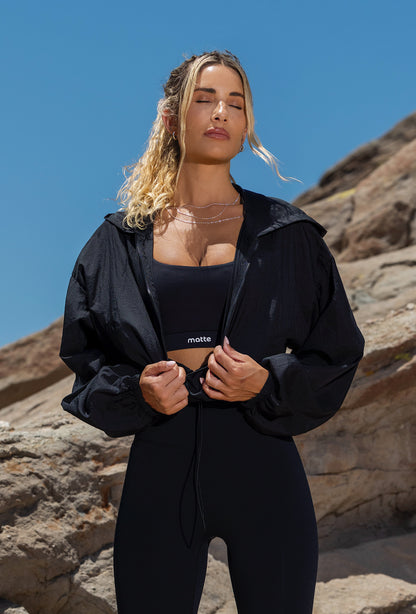 Sheer Form Cropped Pullover Windbreaker - Black