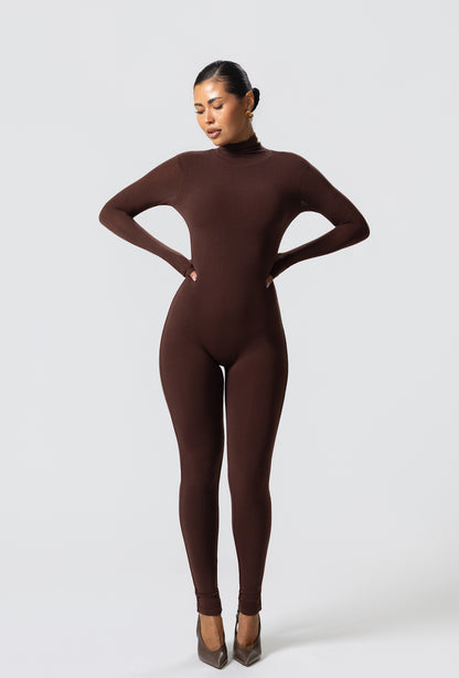 Matte Basix Sculpt Turtle Neck Jumpsuit - Chocolate