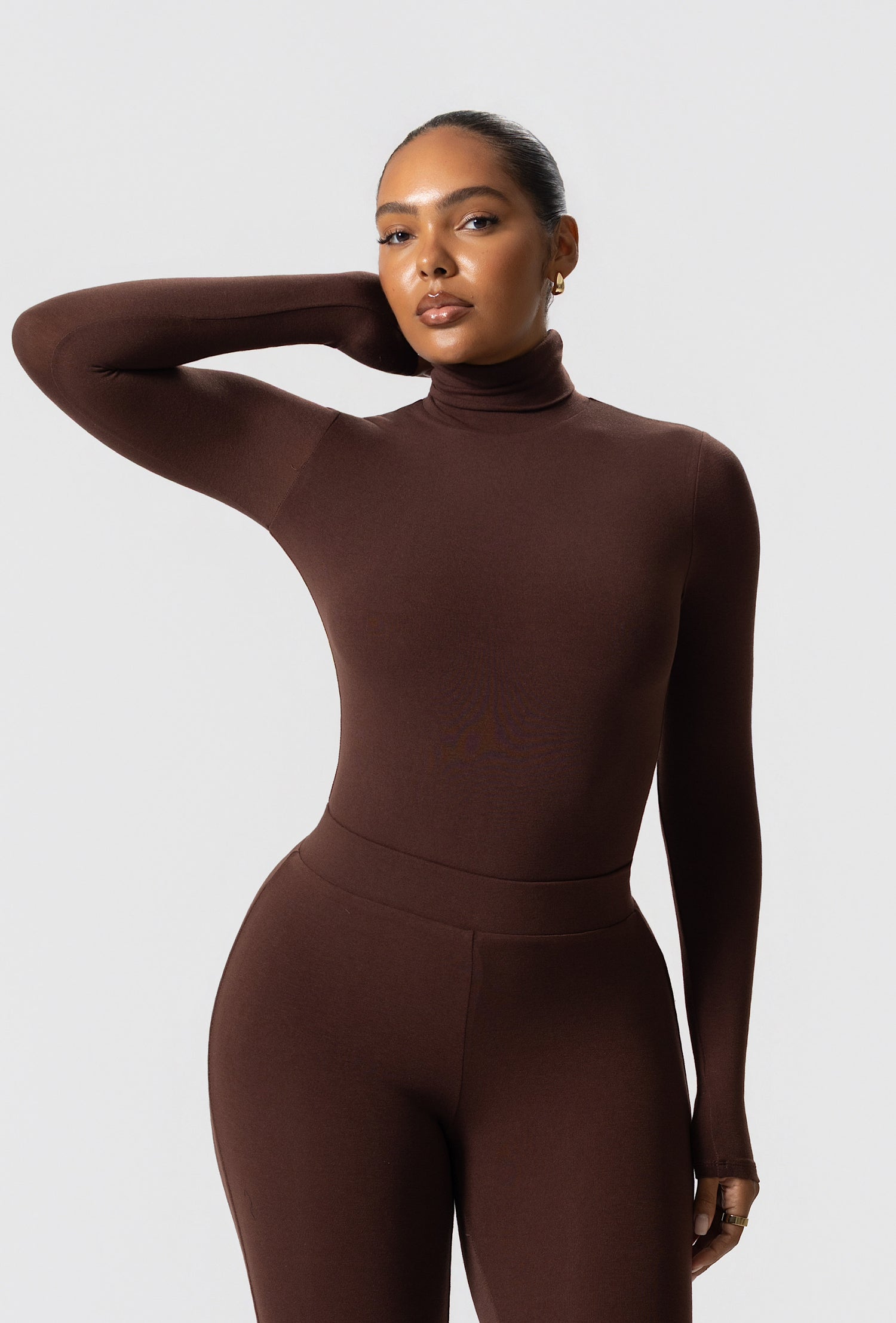 Matte Basix Sculpt Turtle Neck Bodysuit - Chocolate