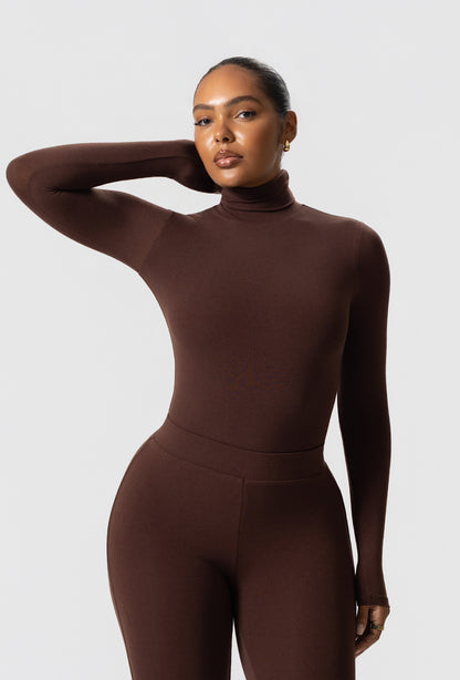 Matte Basix Sculpt Turtle Neck Bodysuit - Chocolate
