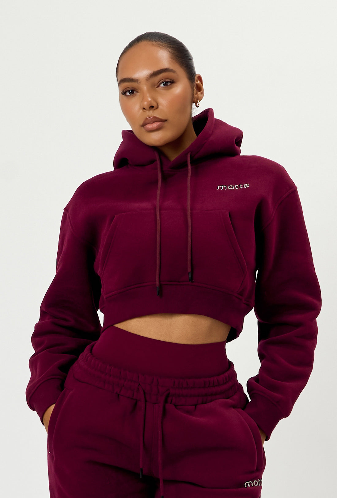 Staple Cropped Pullover Hoodie - Burgundy