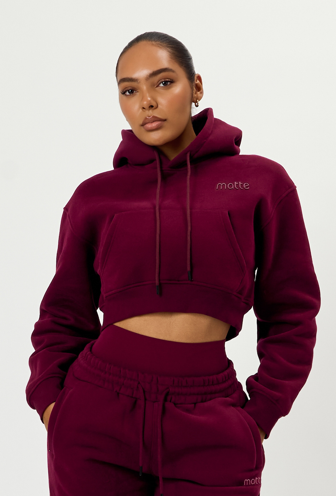 Staple Cropped Pullover Hoodie - Burgundy