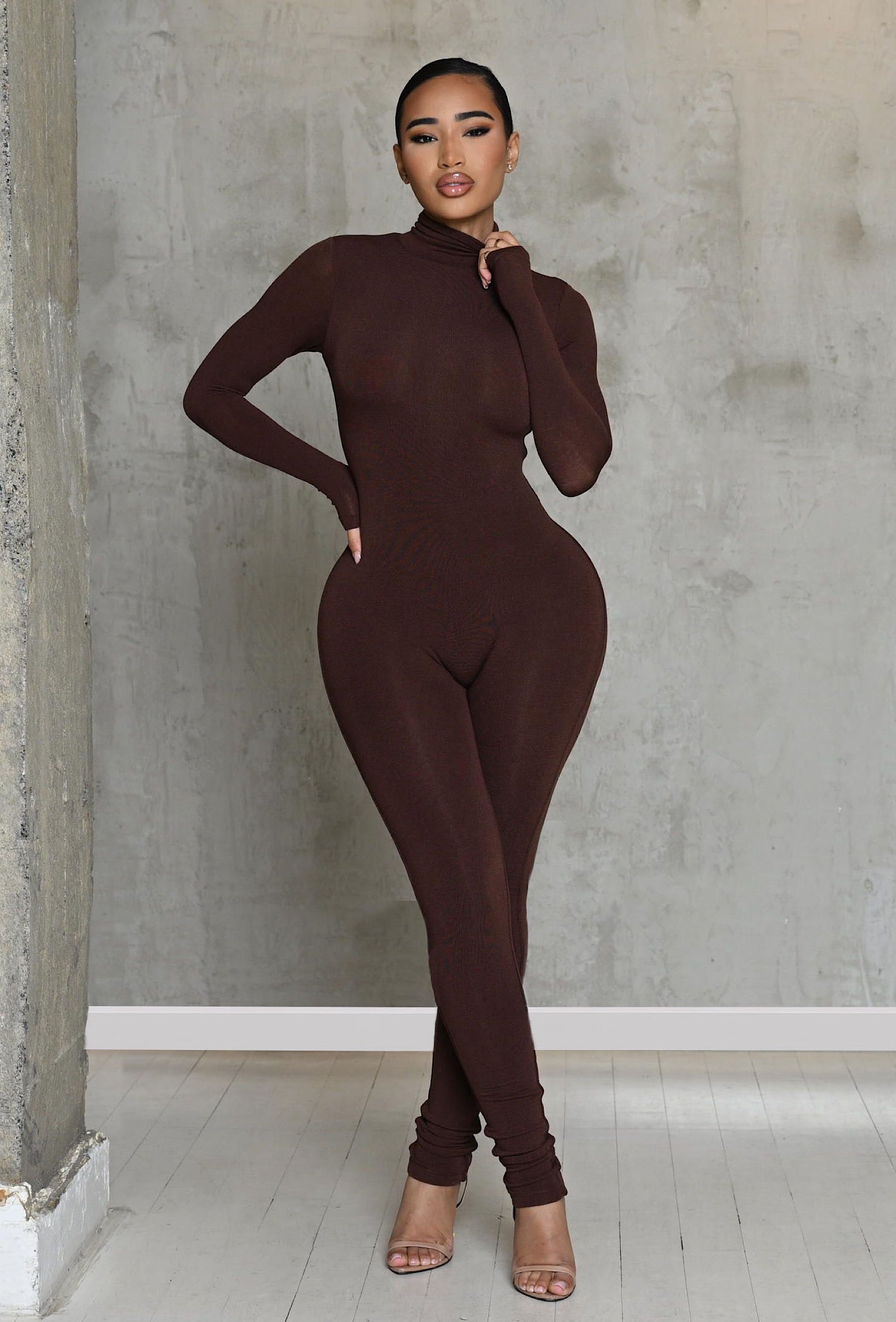 Matte Basix Sculpt Turtle Neck Jumpsuit - Chocolate