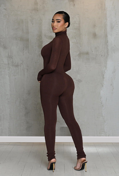 Matte Basix Sculpt Turtle Neck Jumpsuit - Chocolate