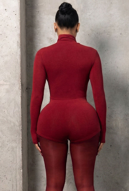 Matte Basix Sculpt Turtle Neck Bodysuit - Crimson